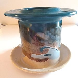 Signed handmade pottery toothbrush and toothpaste holder